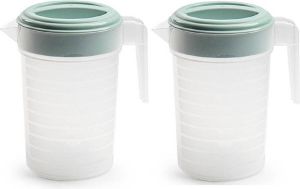 Forte Plastics 2x stuks waterkan sapkan transparant mintgroen met deksel 1 liter kunststof Smalle schenkkan die in de koelkastdeur past