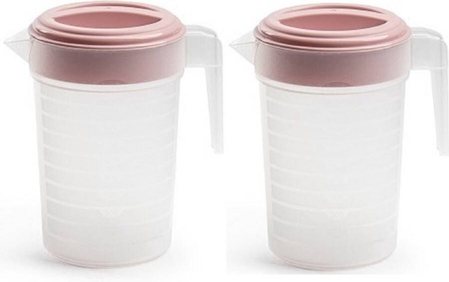 Forte Plastics 2x stuks waterkan sapkan transparant roze met deksel 1 liter kunststof- Smalle schenkkan die in de koelkastdeur past