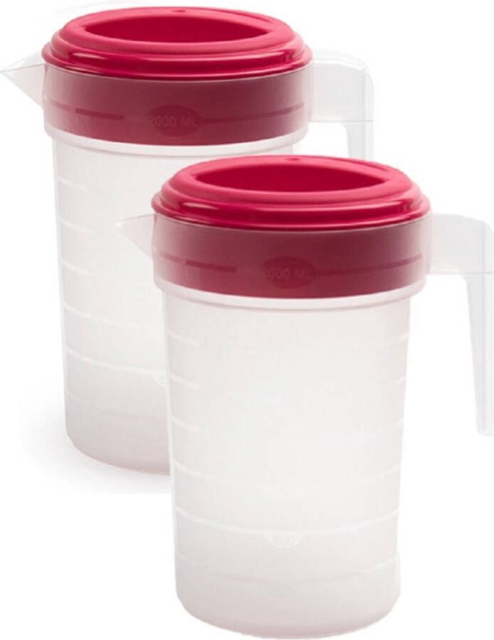 Forte Plastics 2x stuks waterkan sapkan transparant roze met deksel 2 liter kunststof Smalle schenkkan die in de koelkastdeur past