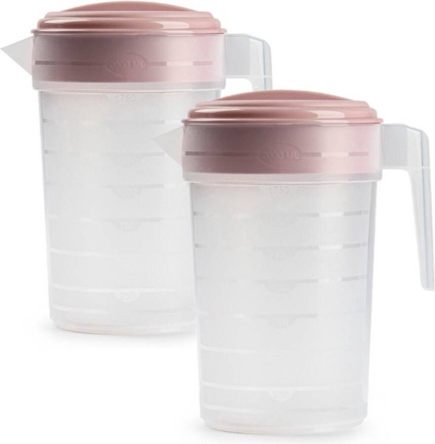 Forte Plastics 2x stuks waterkan sapkan transparant roze met deksel 2 liter kunststof Smalle schenkkan die in de koelkastdeur past