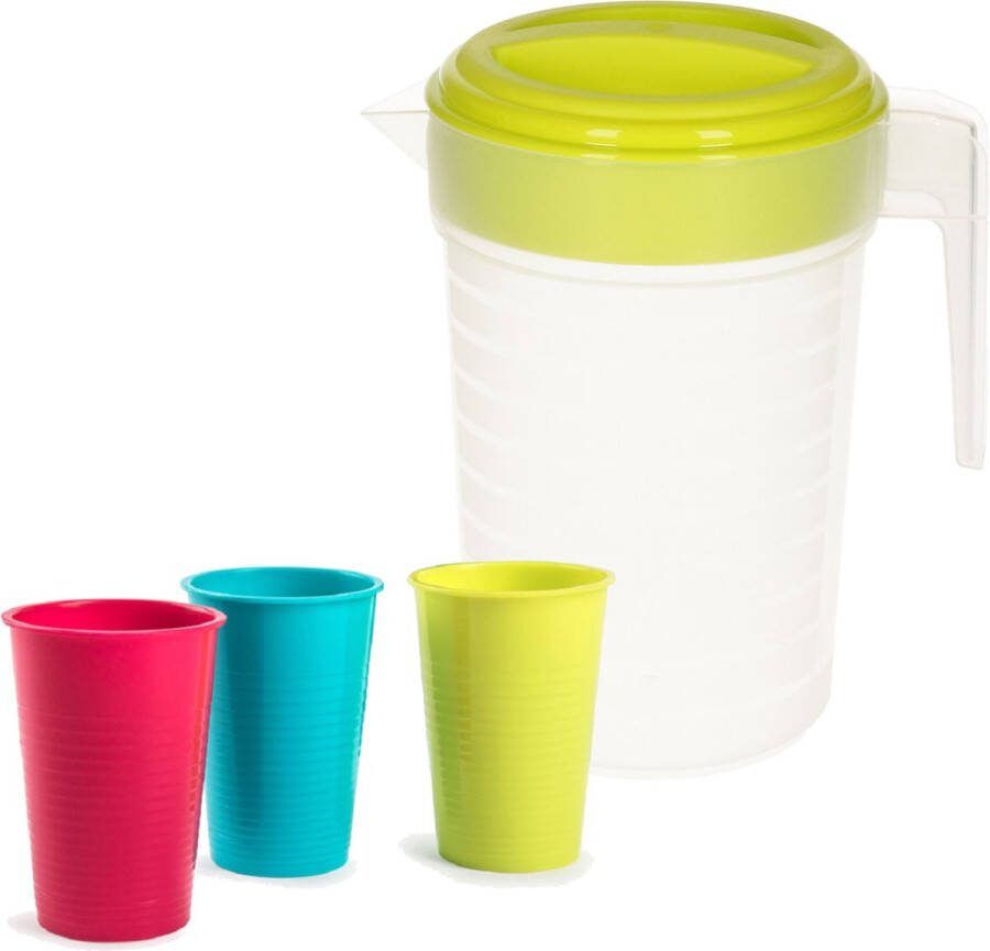 Forte Plastics 2x stuks water limonade schenkkannen 2 liter met 12x kunststof gekleurde glazen van 360 ML voordeelset