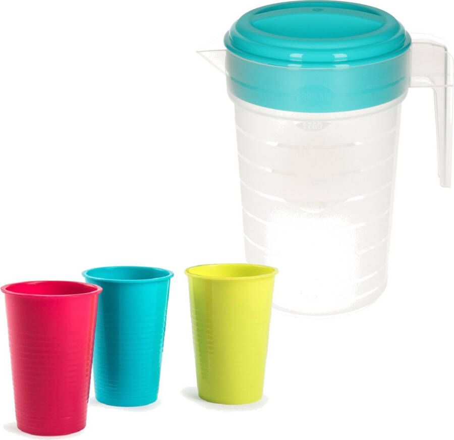 Forte Plastics 2x stuks water limonade schenkkannen 2 liter met 12x kunststof gekleurde glazen van 360 ML voordeelset