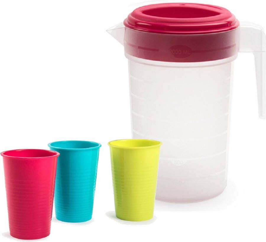 Forte Plastics 2x stuks water limonade schenkkannen 2 liter met 12x kunststof gekleurde glazen van 360 ML voordeelset