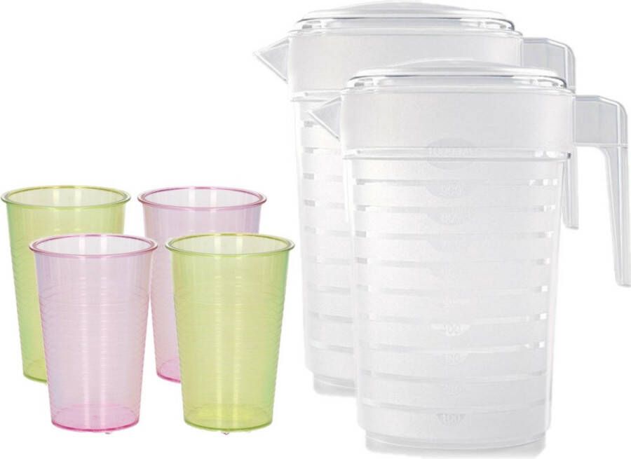 Forte Plastics 2x stuks water limonade schenkkannen sapkannen 2 liter met 12x stuks kunststof gekleurde glazen van 200 ML voordeelset