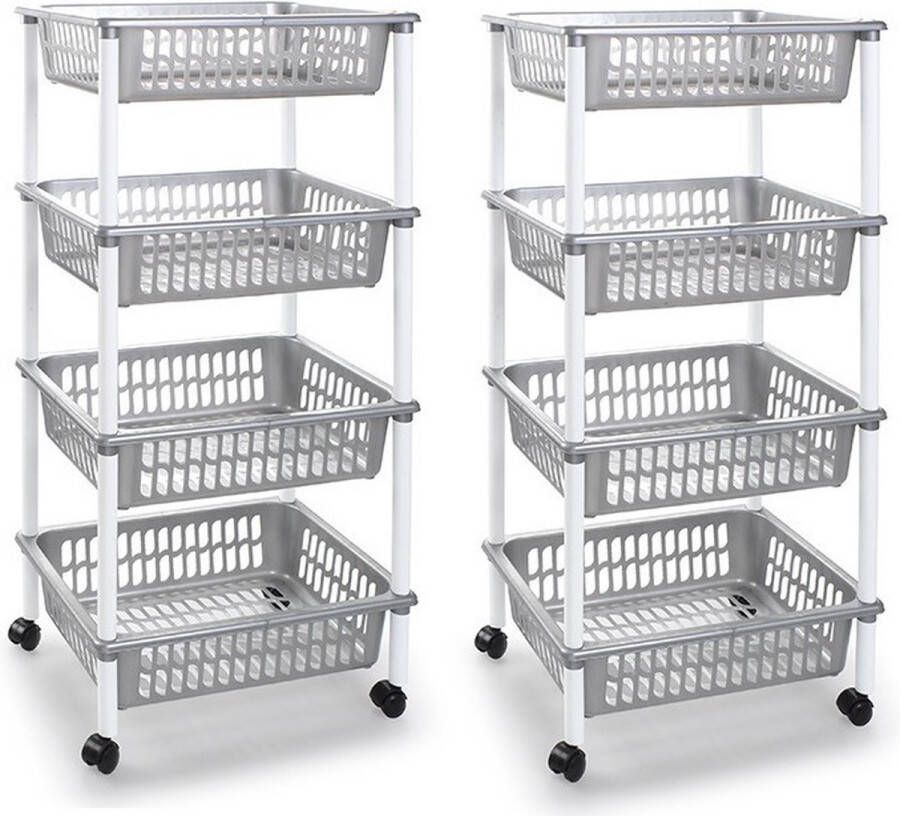 Forte Plastics 2x stuks zilverkleurige opberg trolleys roltafels met 4 manden 40 x 50 x 85 cm Etagewagentje karretje met opbergkratten
