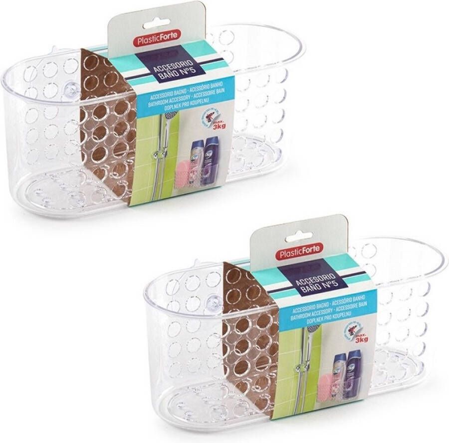 Forte Plastics 2x Transparant badkamerbakje met zuignappen 26 x 12 cm Organizers opbergbakken Badkamer spullen opruimen