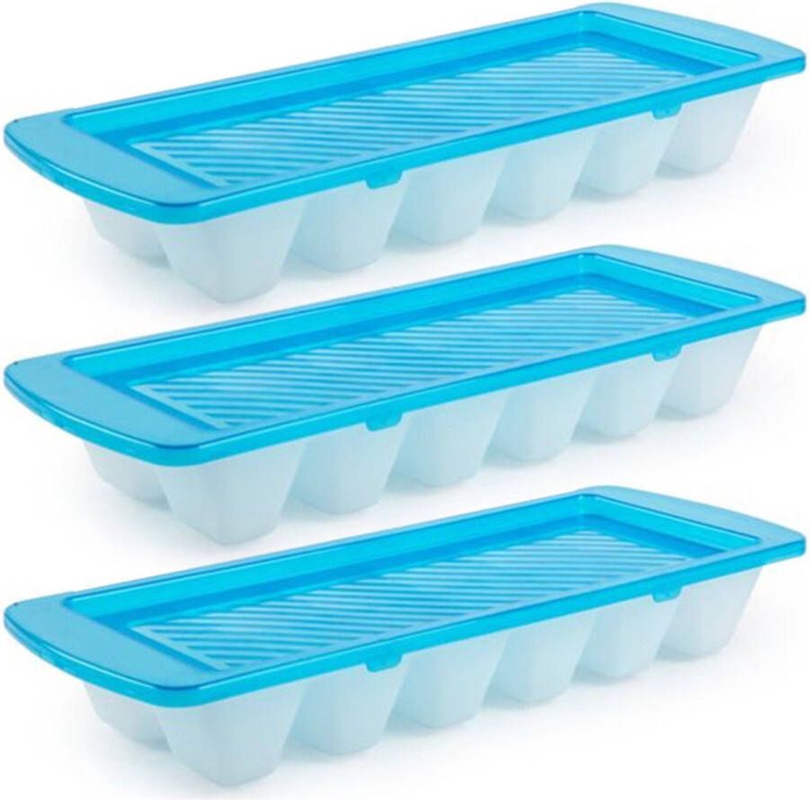 Forte Plastics 3x Ijsblokjes ijsklontjes vormen met deksel blauw 12 stuks Ijsblokjes ijsklontjes makers