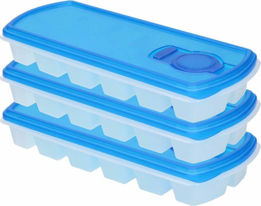Forte Plastics 3x Ijsblokjes ijsklontjes vormen met deksel blauw 12 stuks Ijsblokjes ijsklontjes makers