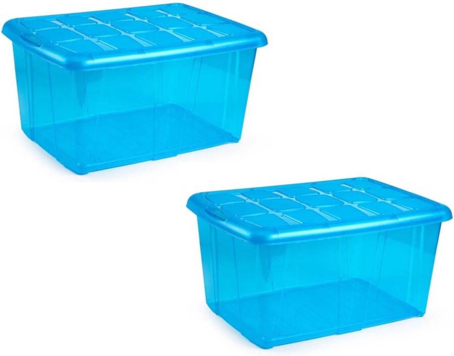Forte Plastics 3x Opslagbakken organizers met deksel 60 liter 63 x 46 x 32 transparant blauw Organizers opbergbakken