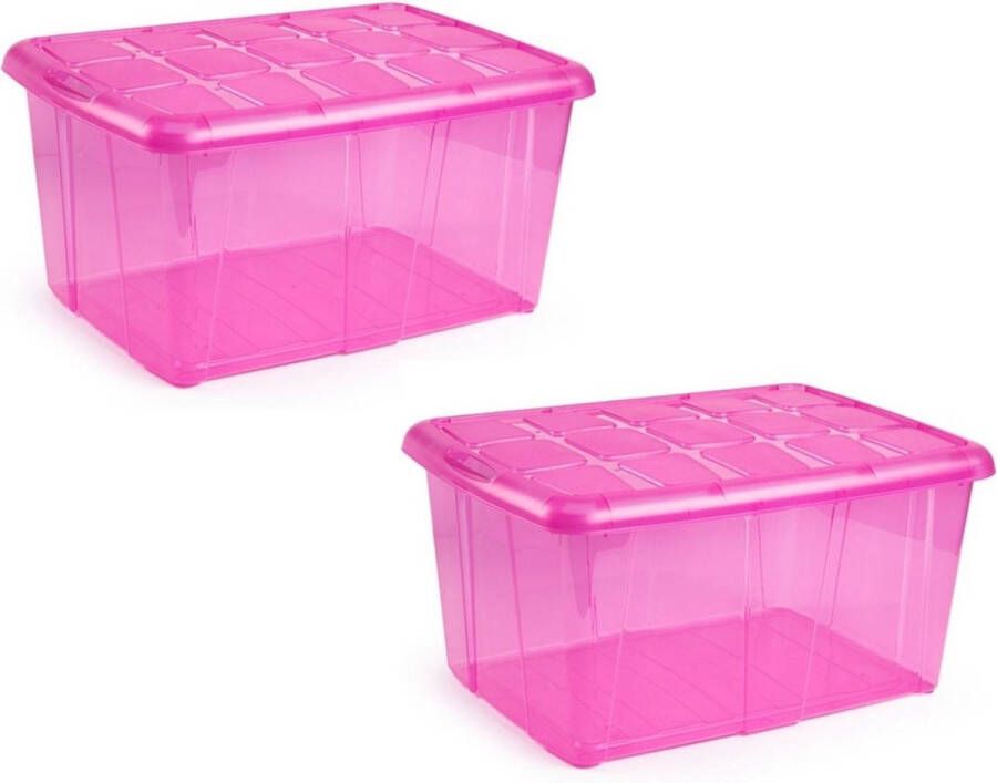 Forte Plastics 3x Opslagbakken organizers met deksel 60 liter 63 x 46 x 32 transparant roze Organizers opbergbakken
