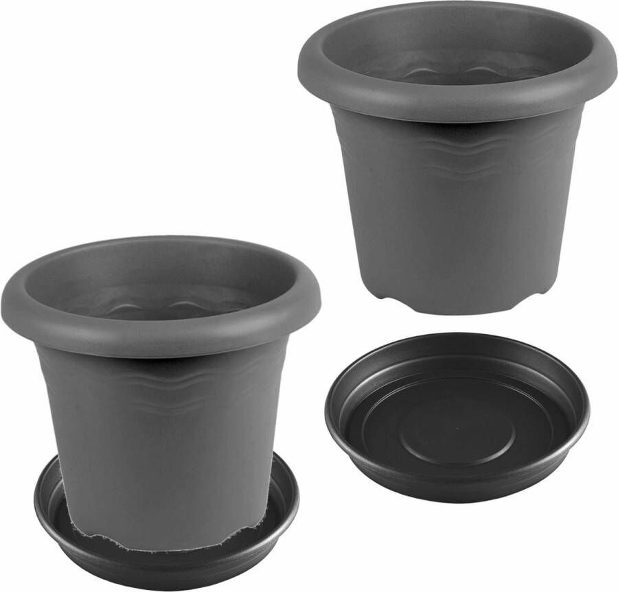 Forte Plastics 3x stuks bloempotten met onder opvangschaal in kleur antraciet grijs rond diameter 30 cm Plantenpotten bakken