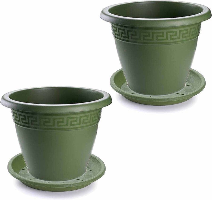 Forte Plastics 3x stuks bloempotten met onder opvangschaal in kleur donkergroen rond diameter 40 cm Plantenpotten bakken