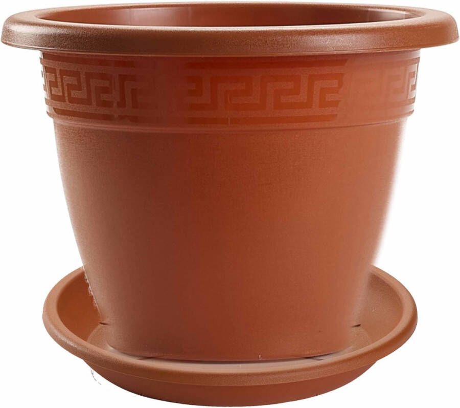 Forte Plastics 3x stuks bloempotten met onder opvangschaal in terra cotta kleur rond diameter 25 cm Plantenpotten bakken