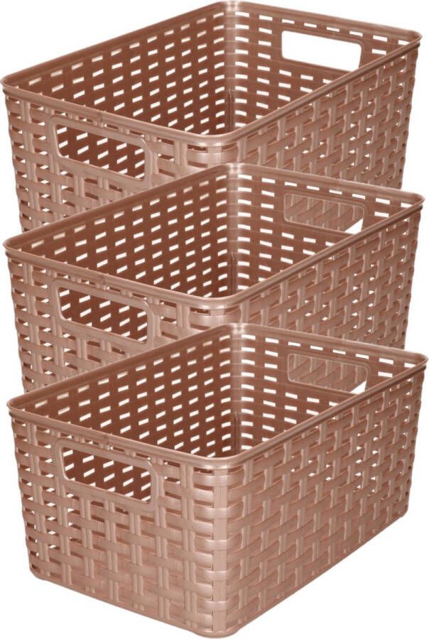 Forte Plastics 3x stuks rotan gevlochten opbergmand opbergbox kunststof brons 19 x 29 x 13 cm Kast mandjes