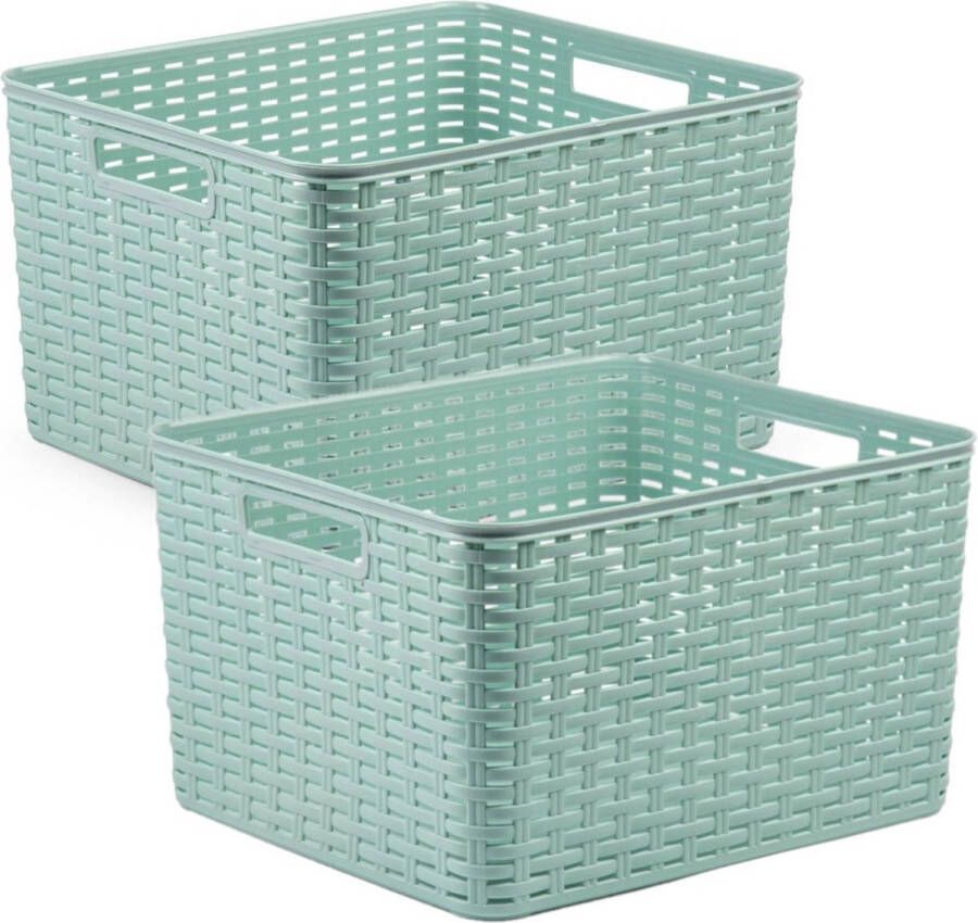 Forte Plastics 3x stuks rotan gevlochten opbergmand opbergbox kunststof mintgroen 34 x 40 x 23 cm Kast mandjes