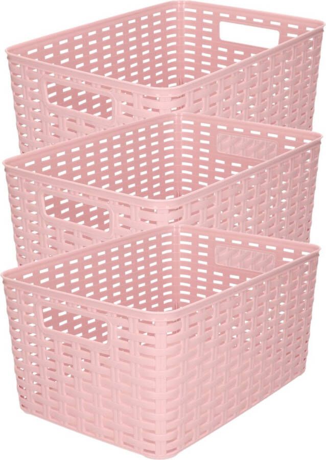 Forte Plastics 3x stuks rotan gevlochten opbergmand opbergbox kunststof Oud roze 22 x 33 x 16 cm Kast mandjes