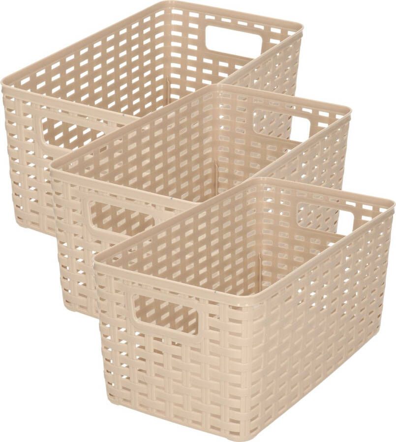 Forte Plastics 3x stuks rotan gevlochten opbergmand opbergbox kunststof Taupe 15 x 28 x 13 cm Kast mandjes