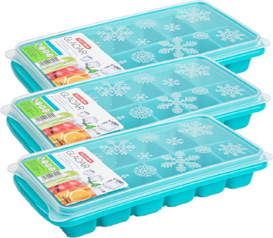 Forte Plastics 3x stuks Trays met ijsblokjes ijsklontjes vormpjes 12 vakjes kunststof blauw met deksel IJsblokjesvormen