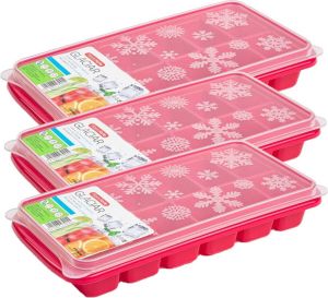 Forte Plastics 3x stuks Trays met ijsblokjes ijsklontjes vormpjes 12 vakjes kunststof roze met deksel IJsblokjesvormen