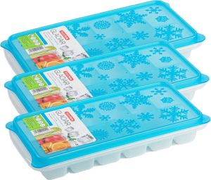 Forte Plastics 3x stuks Trays met ijsblokjes ijsklontjes vormpjes 12 vakjes kunststof wit met blauwe deksel IJsblokjesvormen
