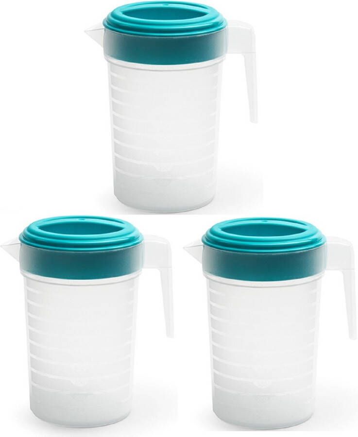 Forte Plastics 3x stuks waterkan sapkan transparant blauw met deksel 1 liter kunststofï¿½- Smalle schenkkan die in de koelkastdeur past