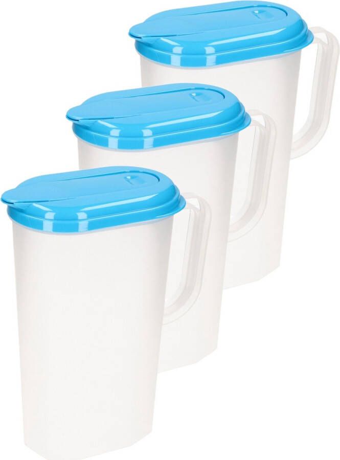 Forte Plastics 3x stuks waterkan sapkan transparant blauw met deksel 2 liter kunststof Smalle schenkkan die in de koelkastdeur past