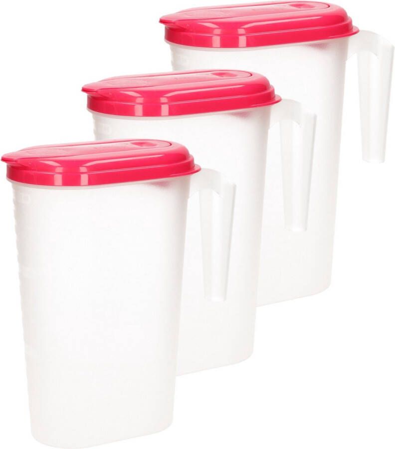 Forte Plastics 3x stuks waterkan sapkan transparant fuschia roze met deksel 1.6 liter kunststof Smalle schenkkan die in de koelkastdeur past