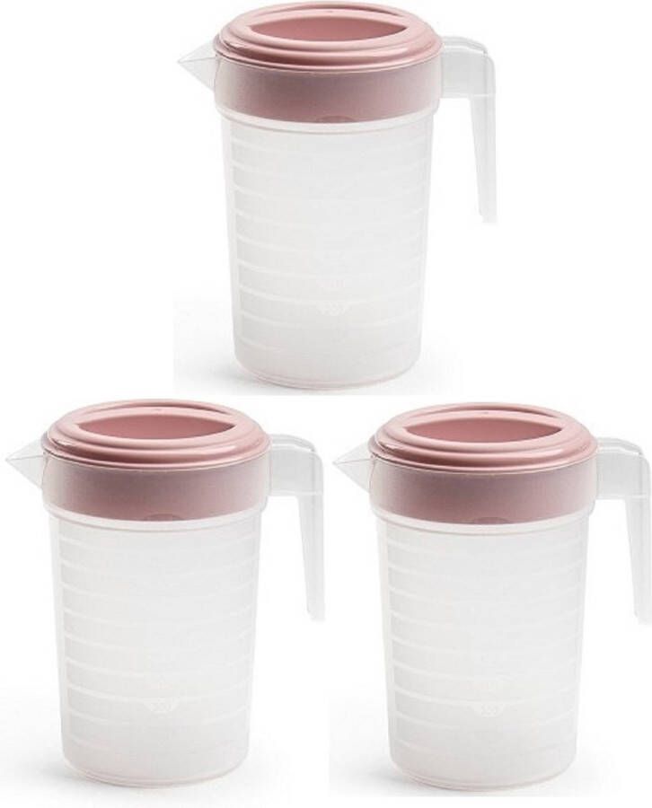 Forte Plastics 3x stuks waterkan sapkan transparant roze met deksel 1 liter kunststofï¿½- Smalle schenkkan die in de koelkastdeur past