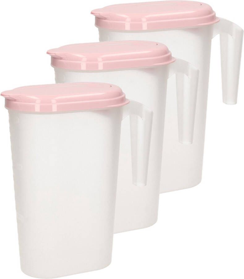 Forte Plastics 3x stuks waterkan sapkan transparant roze met deksel 1.6 liter kunststof Smalle schenkkan die in de koelkastdeur past