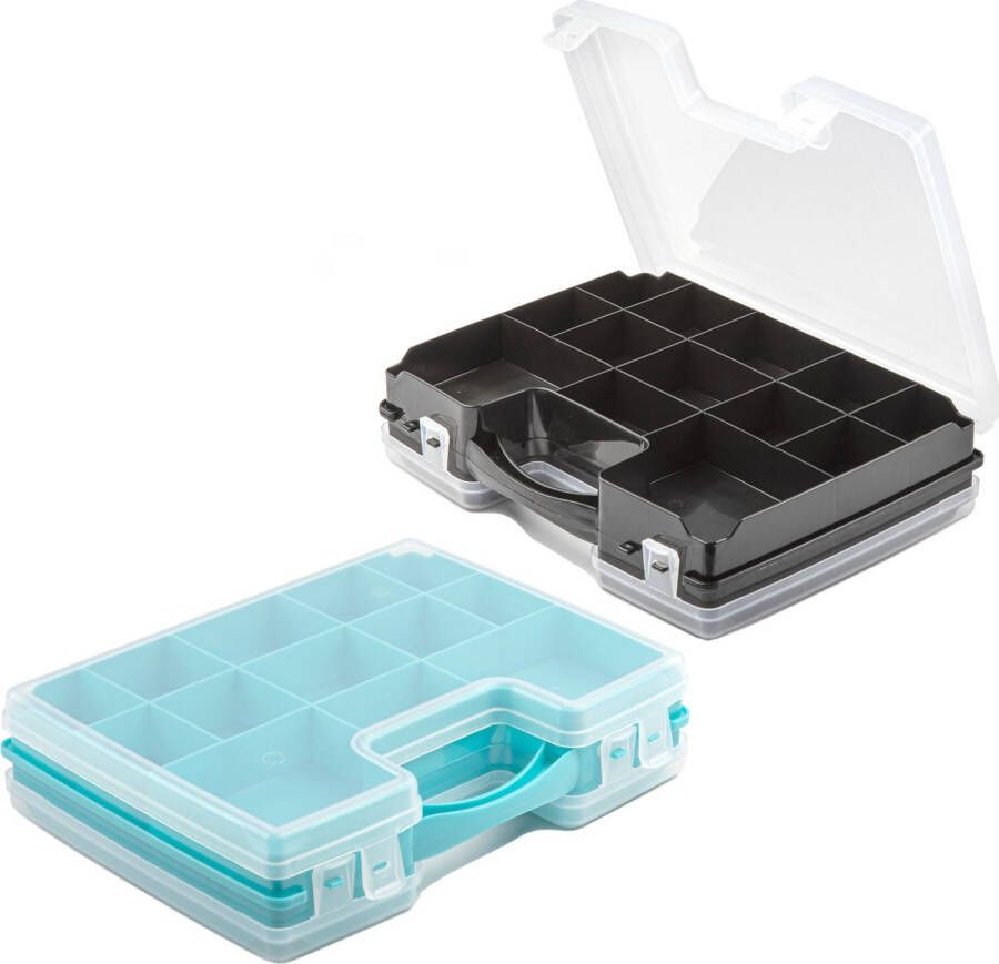 Forte Plastics 4x Opberg vakjes doos Sorteerbox 21-vaks kunststof 28 x 21 x 6 cm zwart blauw Opbergbox