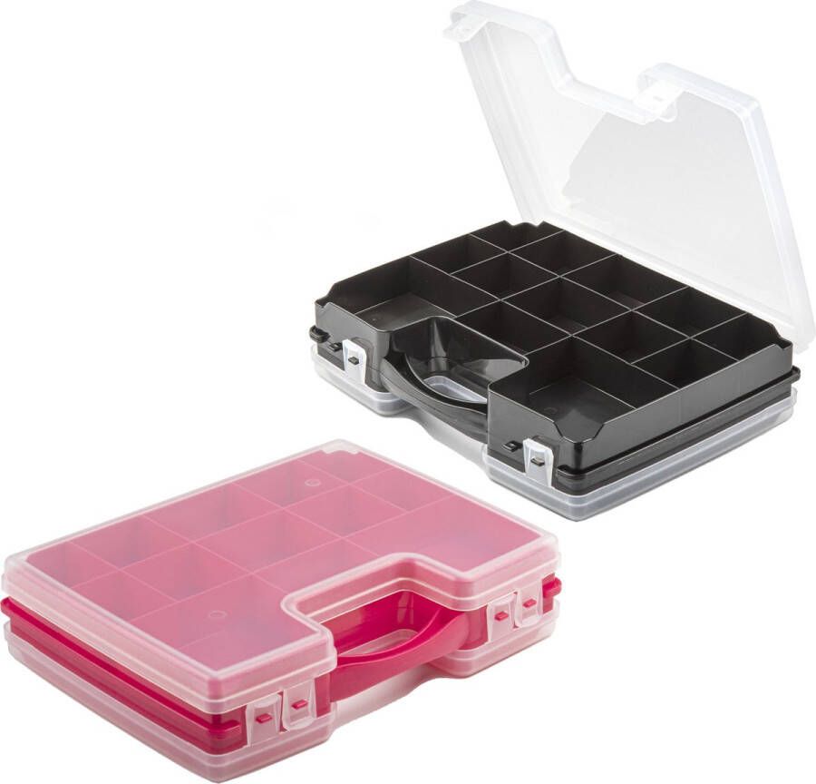 Forte Plastics 4x Opberg vakjes doos Sorteerbox 21-vaks kunststof 28 x 21 x 6 cm zwart roze Opbergbox