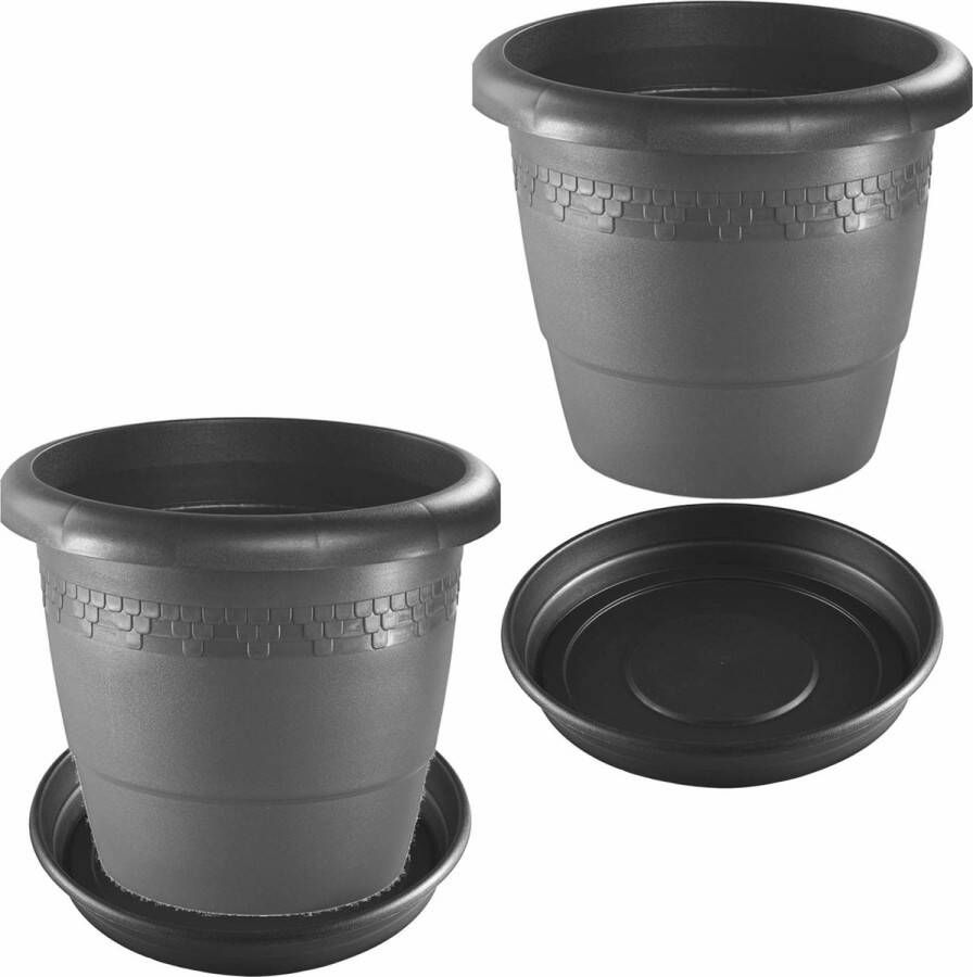 Forte Plastics 4x stuks bloempotten met onder opvangschaal in kleur antraciet grijs rond diameter 30 cm Plantenpotten bakken