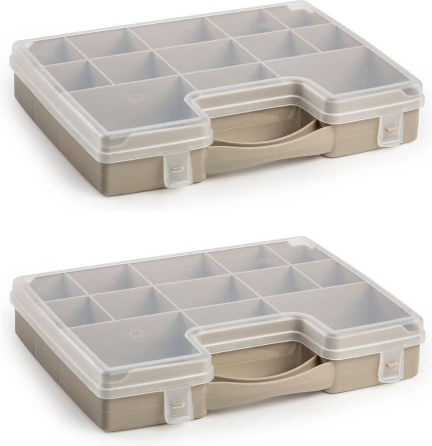 Forte Plastics 4x stuks opbergkoffertje opbergdoos sorteerboxen 13-vaks kunststof taupe 27 x 20 x 3 cm Sorteerdoos kleine spulletjes