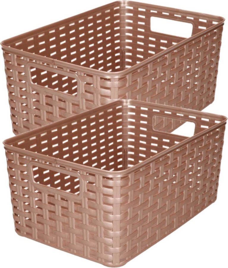 Forte Plastics 4x stuks rotan gevlochten opbergmand opbergbox kunststof brons 19 x 29 x 13 cm Kast mandjes