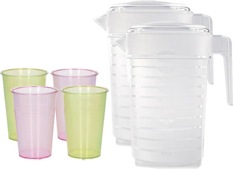 Forte Plastics 4x stuks water limonade schenkkannen sapkannen 2 liter met 36x stuks kunststof gekleurde glazen van 200 ML voordeelset