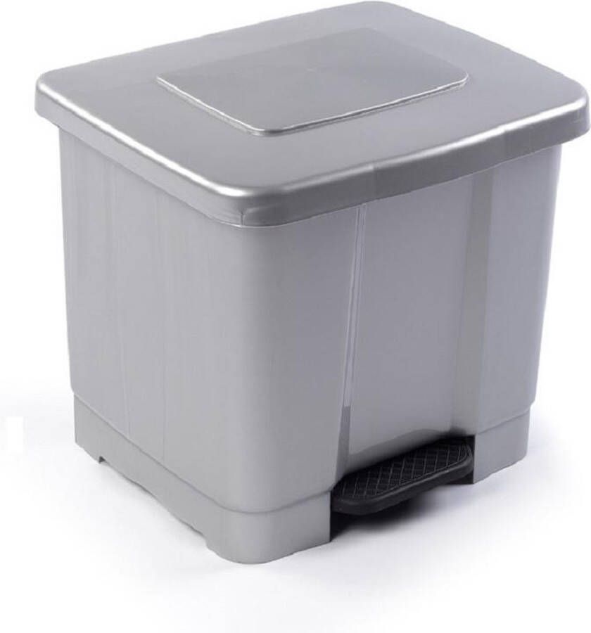 Forte Plastics Dubbele afvalemmer vuilnisemmer 35 liter met deksel en pedaal Zilver- vuilnisbakken prullenbakken Kantoor keuken