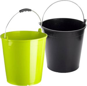 Forte Plastics Groene en zwarte schoonmaakemmers huishoudemmers set 15 liter en 32 x 31 cm set van 2x stuks