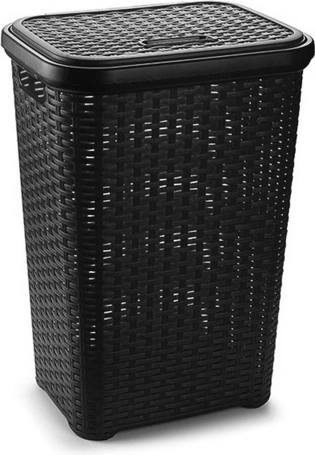 Forte Plastics Grote rotan wasmand opbergmand met deksel 60 liter in kleur zwart Kunststof L35 x B43 x H62 cm Wasmanden