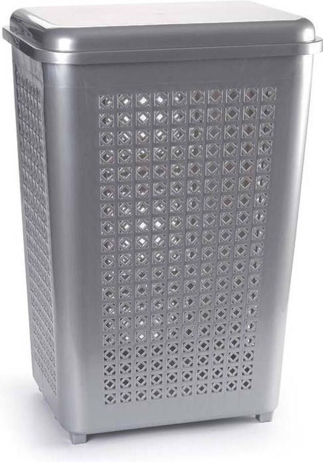 Forte Plastics Grote wasmand opberg mand met deksel 50 liter in het zilver Kunststof 41 x 31 x 61 cm Wasmanden