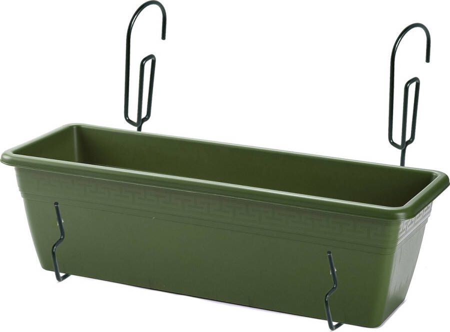 Forte Plastics Hangende balkon reling plantenbak groen rechthoekig 50 x 17 x 15 cm met setje kunststof ophang beugels