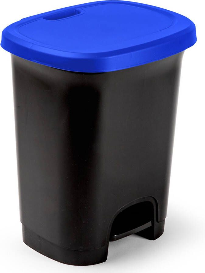 Forte Plastics Kunststof afvalemmers vuilnisemmers pedaalemmers in het zwart blauw van 27 liter met deksel en pedaal 38 x 32 x 45 cm