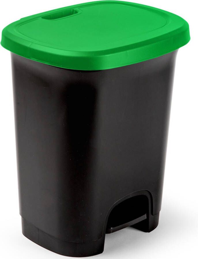 Forte Plastics Kunststof afvalemmers vuilnisemmers pedaalemmers in het zwart groen van 27 liter met deksel en pedaal 38 x 32 x 45 cm