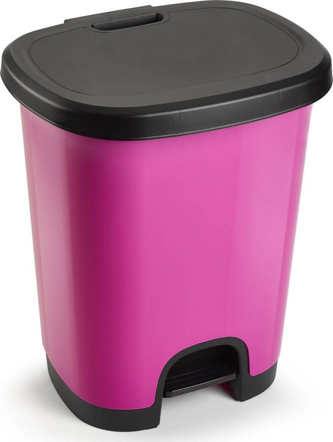 Forte Plastics Kunststof afvalemmer vuilnisemmer pedaalemmer in het roze zwart van 18 liter met deksel pedaal 33 x 28 x 40 cm