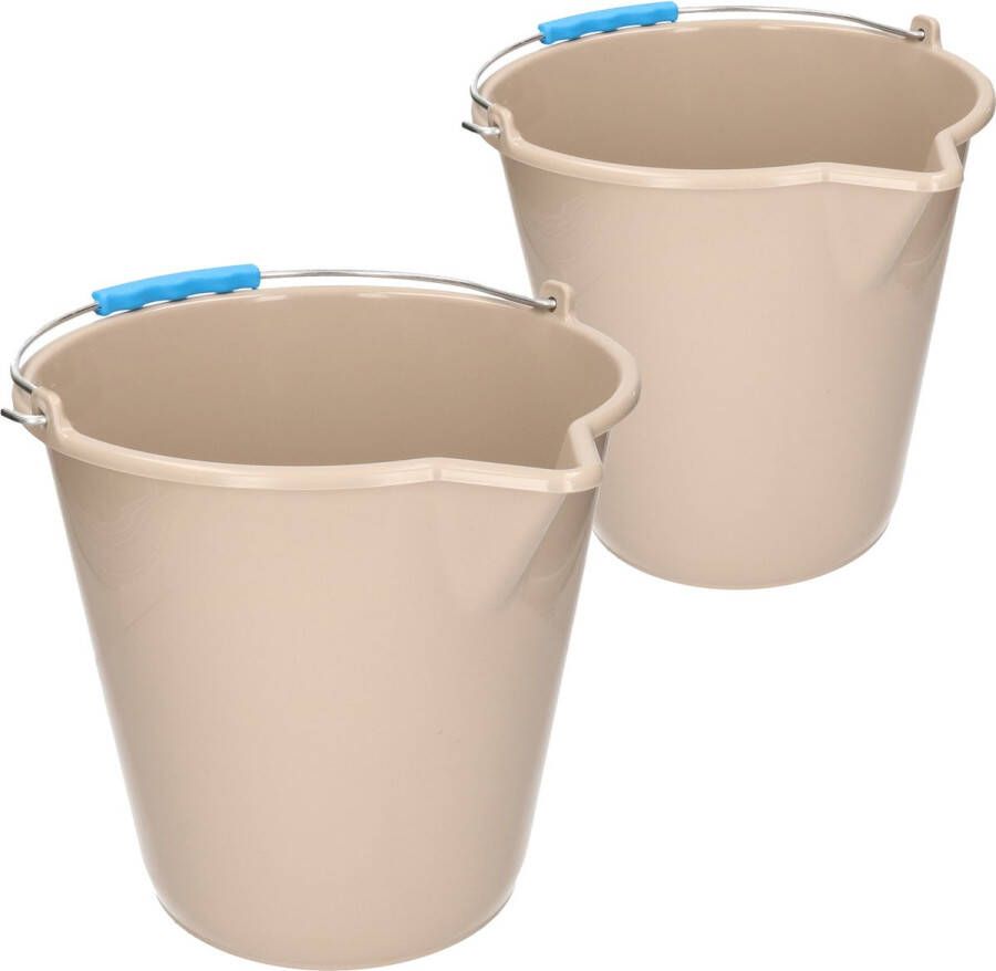 Forte Plastics Kunststof emmers set van 9 en 12 liter inhoud met schenktuit taupe Huishoud schoonmaak