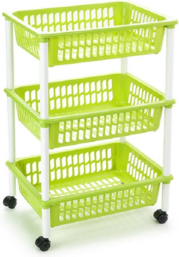 Forte Plastics Opberg organiser trolleys roltafels met 3 manden 62 cm in het groen Etagewagentje karretje met opbergkratten