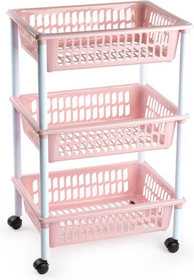 Forte Plastics Opberg organiser trolleys roltafels met 3 manden 62 cm in het oud roze Etagewagentje karretje met opbergkratten