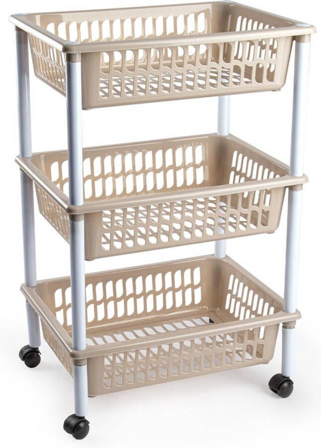 Forte Plastics Opberg organiser trolleys roltafels met 3 manden 62 cm in het taupe Etagewagentje karretje met opbergkratten