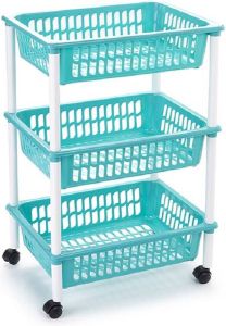 Forte Plastics Opberg organiser trolleys roltafels met 3 manden 62 cm in het turquoise blauw Etagewagentje karretje met opbergkratten