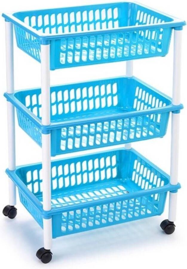 Forte Plastics Opberg trolley roltafel organizer met 3 manden 40 x 30 x 61 5 cm wit lichtblauw Etagewagentje karretje met opbergkratten