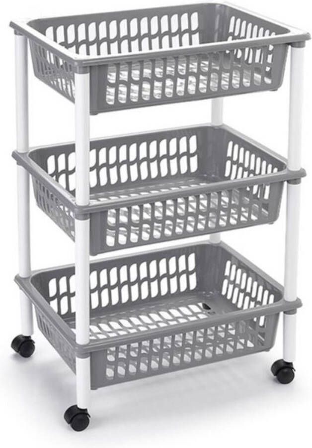 Forte Plastics Opberg trolley roltafel organizer met 3 manden 40 x 30 x 61 5 cm wit lichtgrijs Etagewagentje karretje met opbergkratten